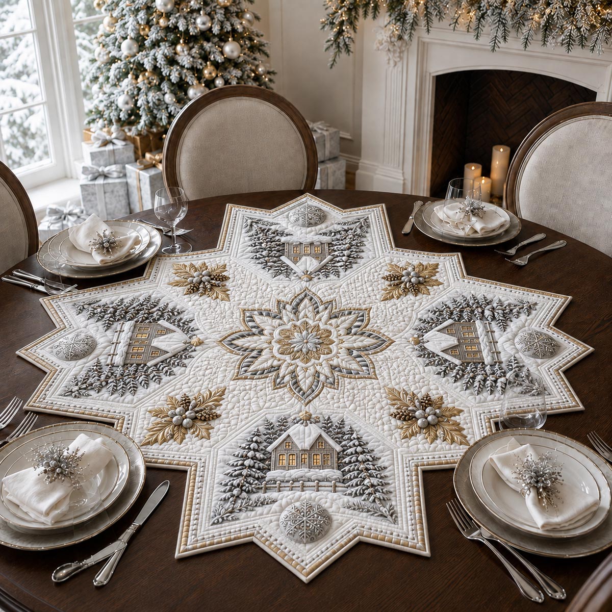 Frosted Village Star Custom Shape Quilted Table Topper SN0DV321