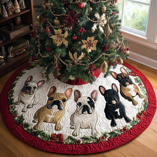 Frosty Frenchie Charm Quilted Christmas Tree Skirt NCU0DV7962