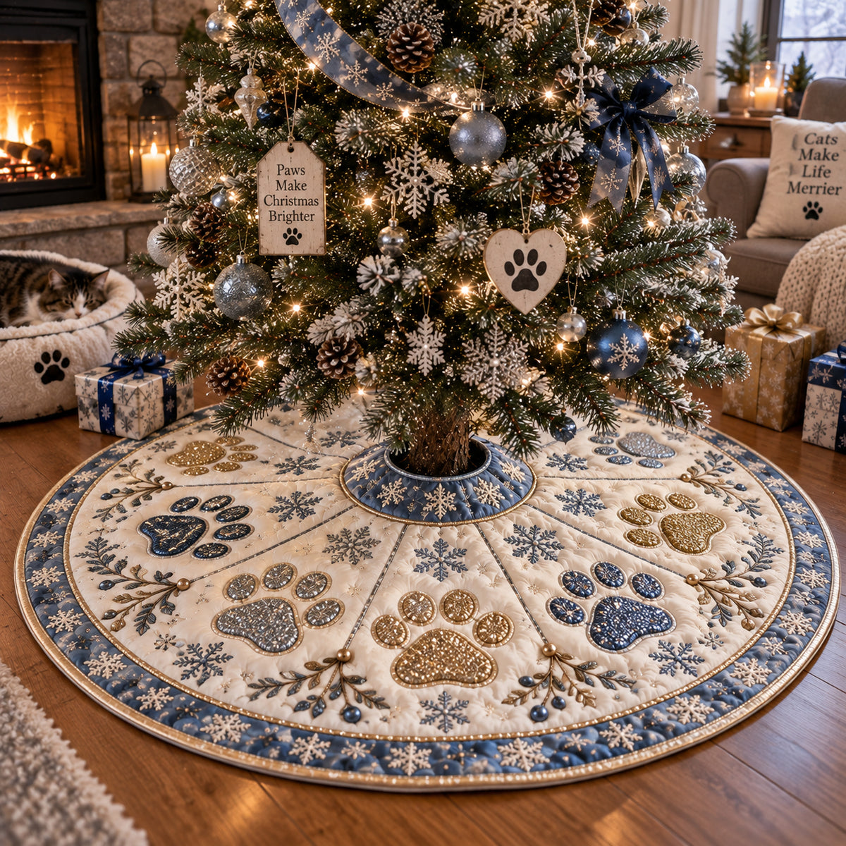Frosty Paw Wreath Christmas Quilted Tree Skirt SN0DV669