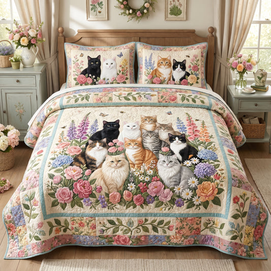 Garden Cat Gathering 3-Piece Quilted Bedding Set SN0DV183