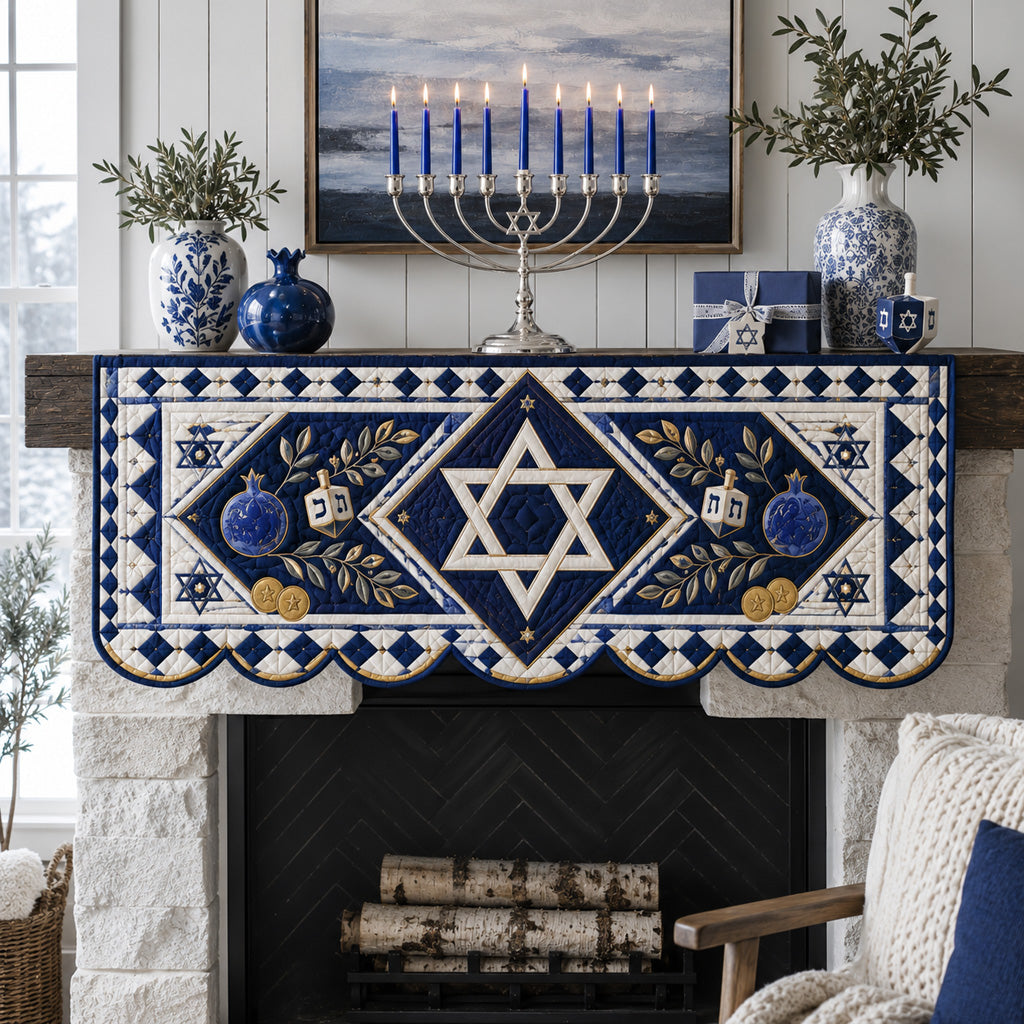 Geometric Tile Hanukkah Quilted Mantel Scarf SN0HH0174