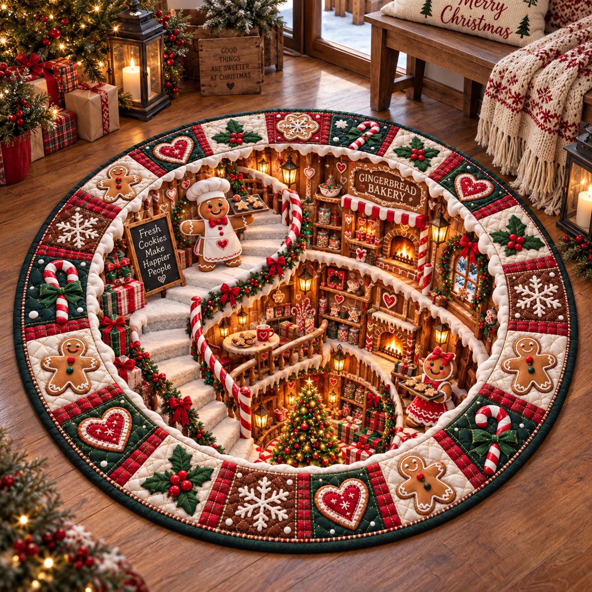 Gingerbread Christmas Village Quilted Round Mat SN0DV837