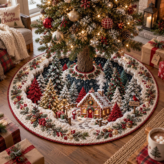 Gingerbread Forest Cottage Christmas Quilted Tree Skirt SN0DV913