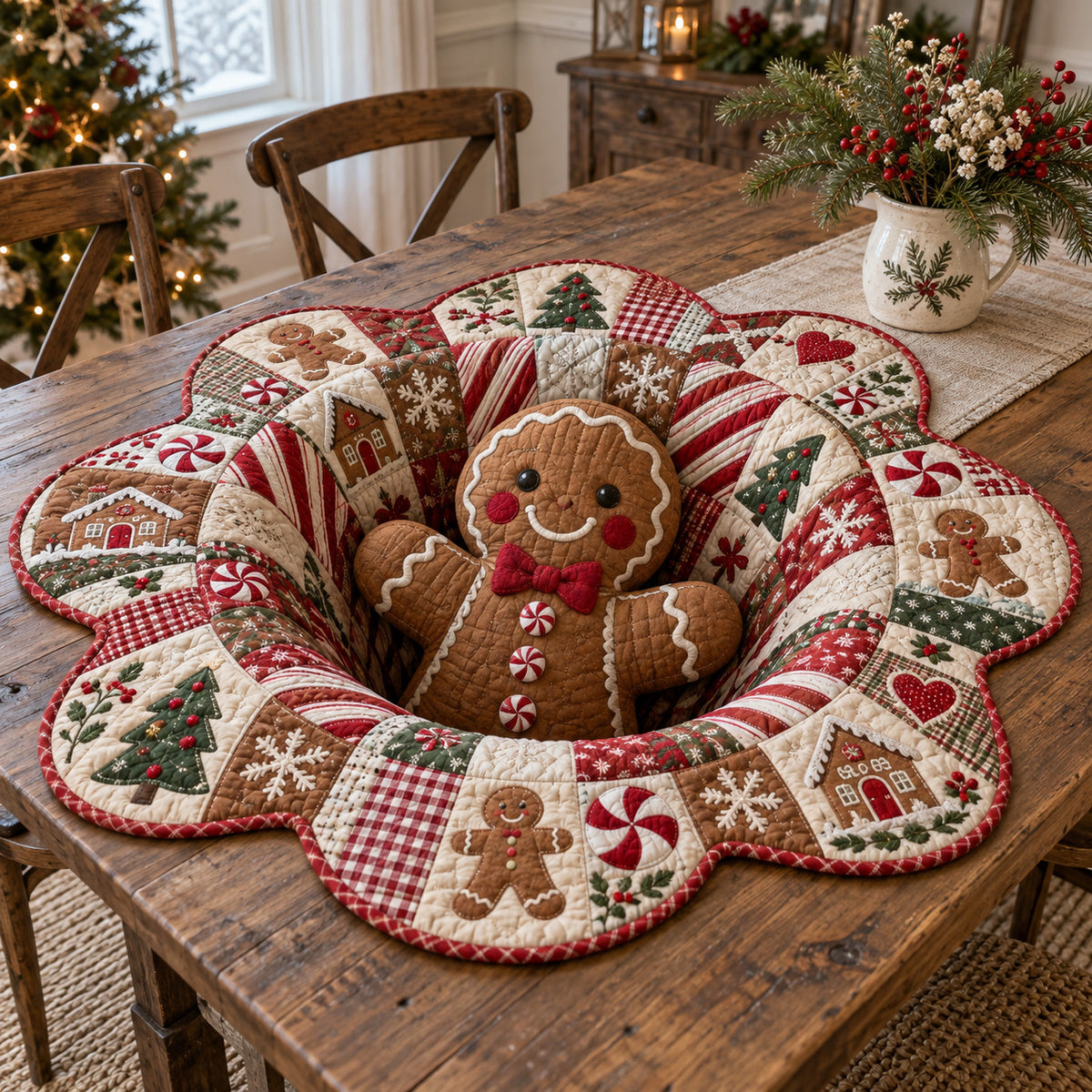 Gingerbread Holiday Ring Custom Shape Quilted Table Topper SN0TV493