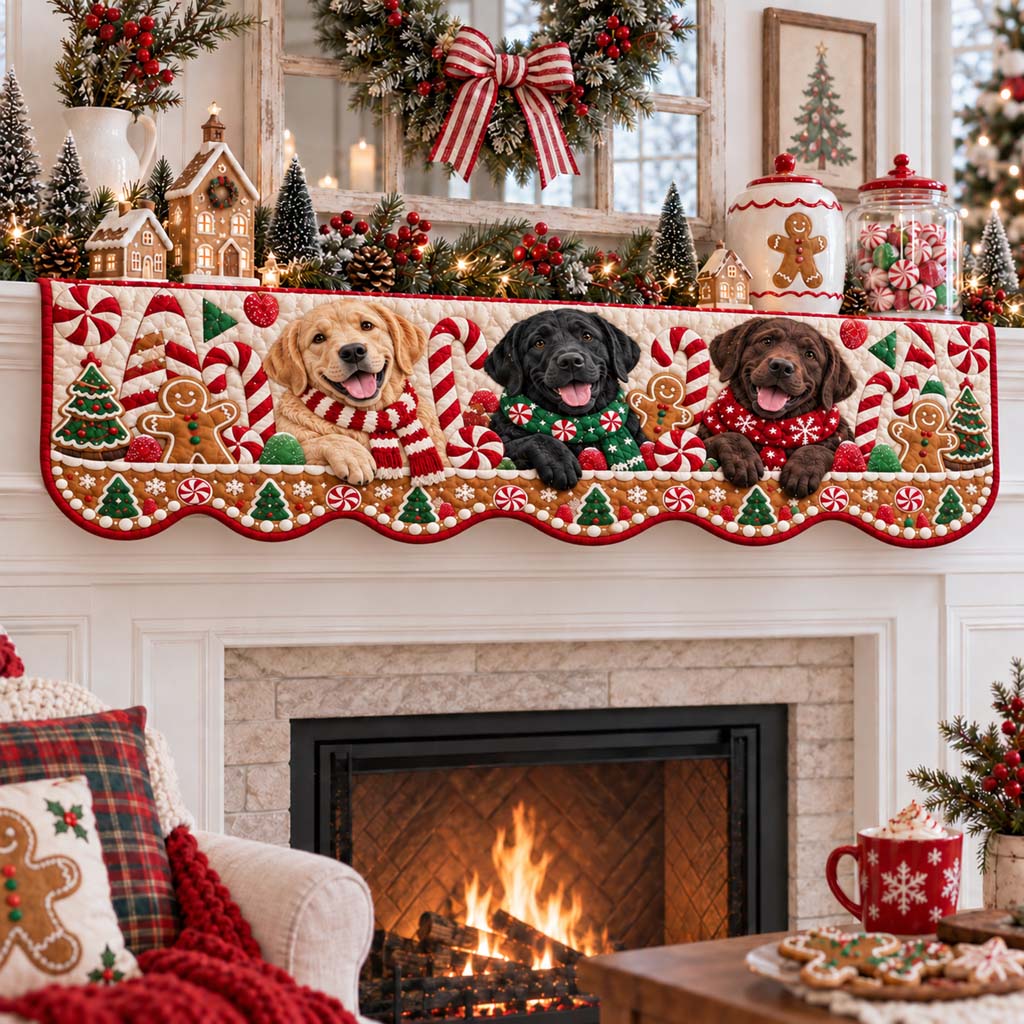 Gingerbread Labrador Trio Quilted Mantel Scarf SN0HH0468