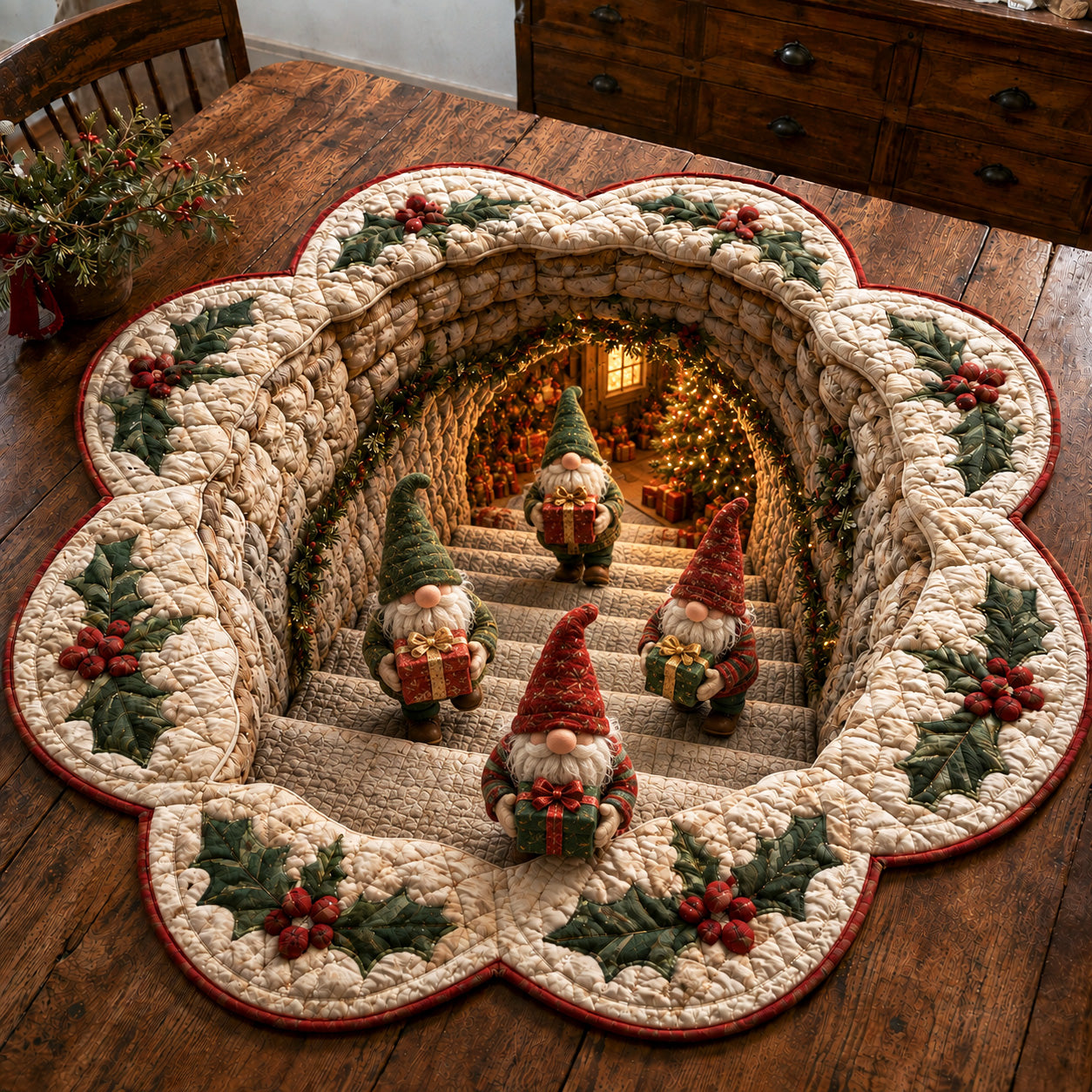 Gnome Retreat Custom Shape Quilted Table Topper SN0TV165