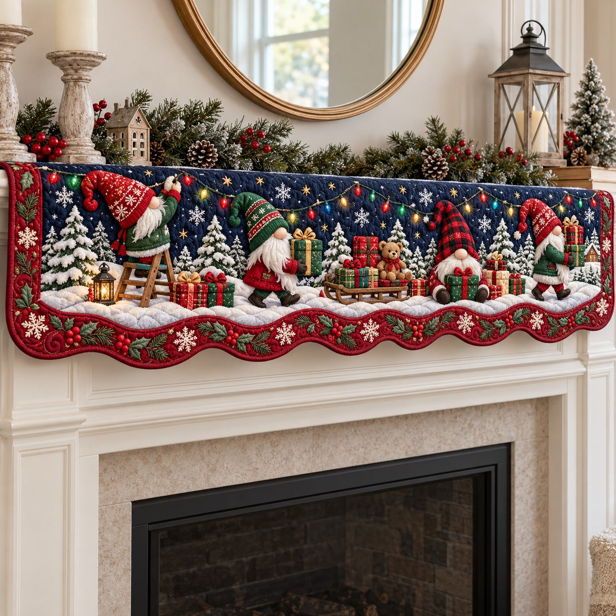 Gnome Sleigh Christmas Eve Quilted Mantel Scarf SN0TV996