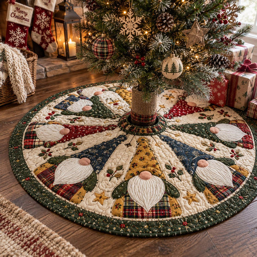 Golden Gnome Gathering Christmas Quilted Tree Skirt SN0DV872