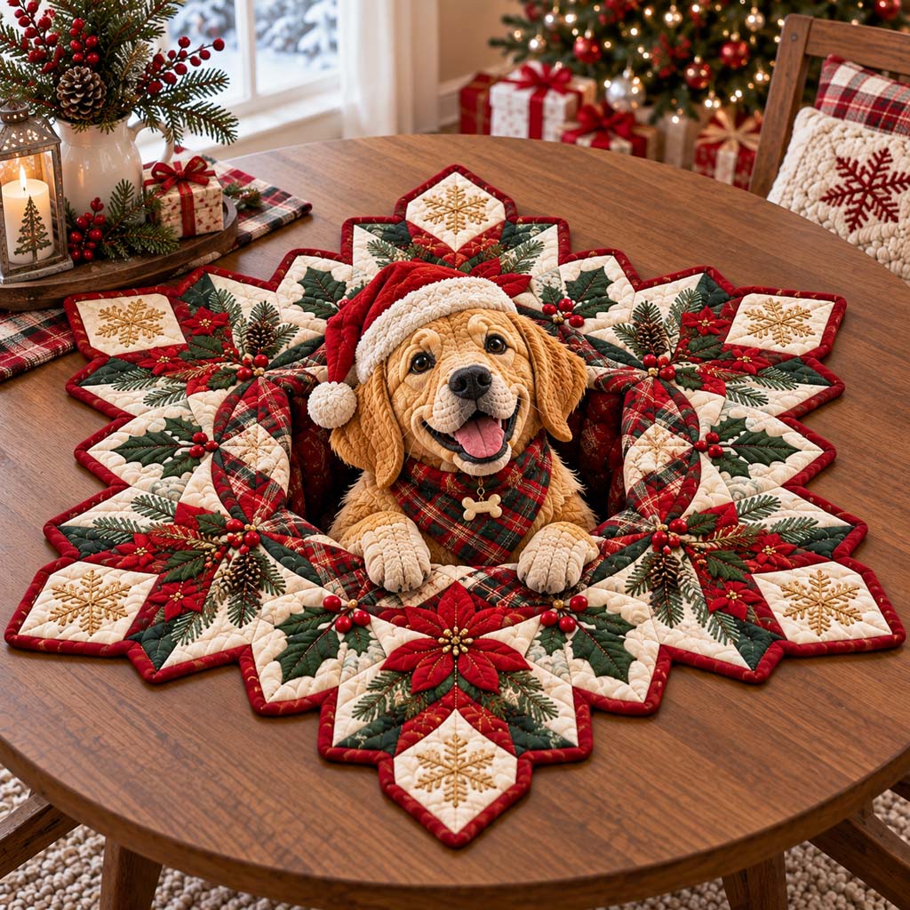 Golden Joyful Wreath Custom Shape Quilted Table Topper SN0HH0683