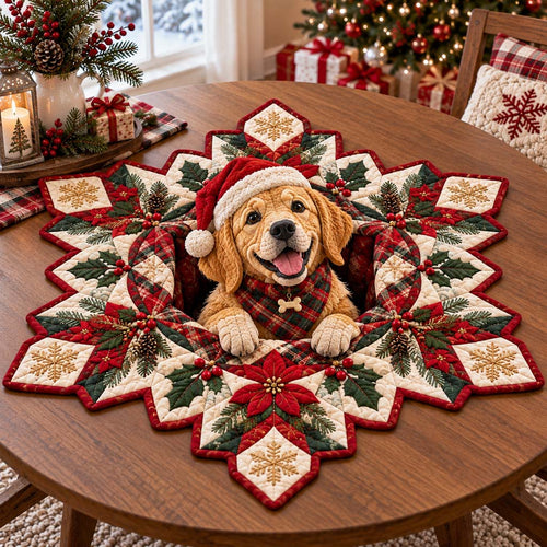 Golden Joyful Wreath Custom Shape Quilted Table Topper SN0HH0683