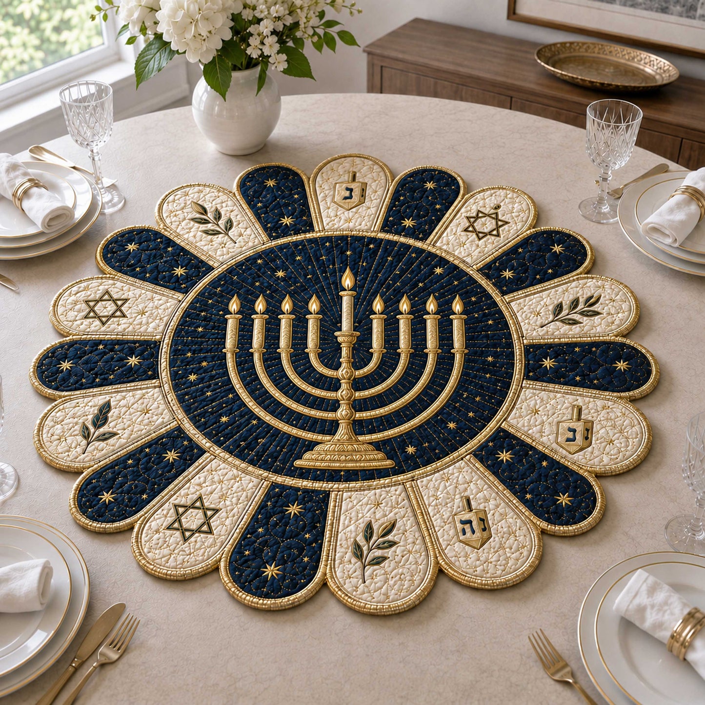 Golden Menorah Custom Shape Quilted Table Topper SN0TD288