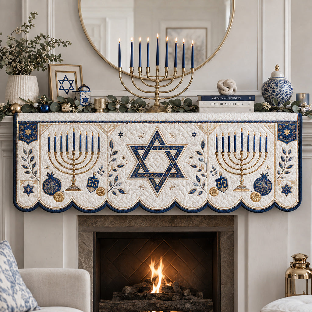 Golden Menorah Hanukkah Quilted Mantel Scarf SN0HH0175