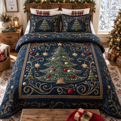 Golden Midnight Christmas Tree 3-Piece Quilted Bedding Set SN0DV934