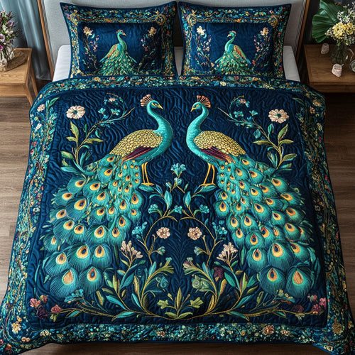Golden Peacocks 3-Piece Quilted Bedding Set NCU0NT3081