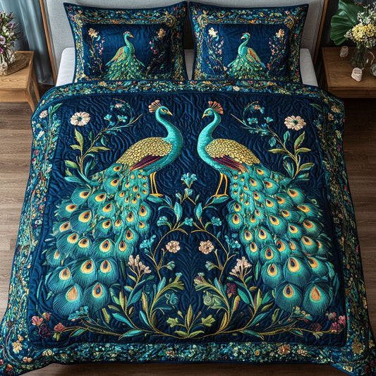 Golden Peacocks 3-Piece Quilted Bedding Set NCU0NT3081