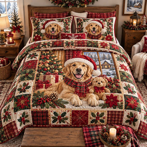 Golden Poinsettia Window Quilted Bedding Set SN0HH0427