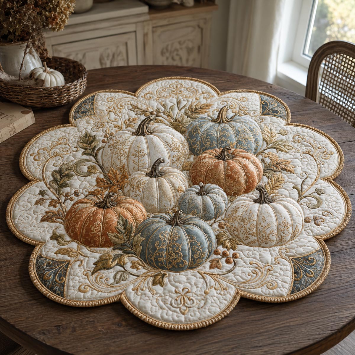 Golden Pumpkin Vines Custom Shape Quilted Table Topper SN0DV181
