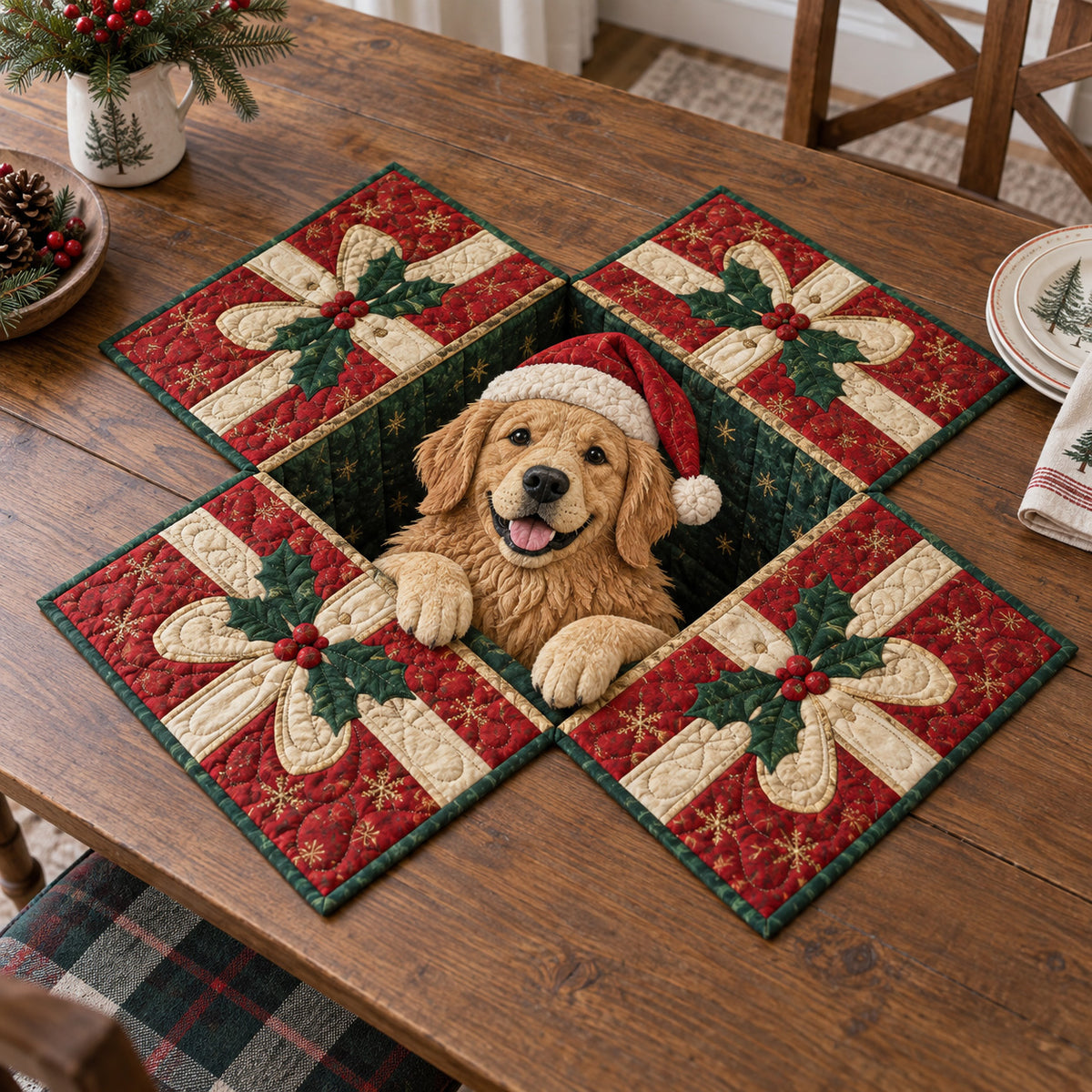 Golden Retriever Present Custom Shape Quilted Table Topper SN0TV561