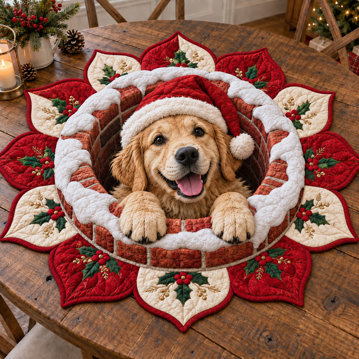 Golden Retriever Santa Custom Shape Quilted Table Topper SN0TV559