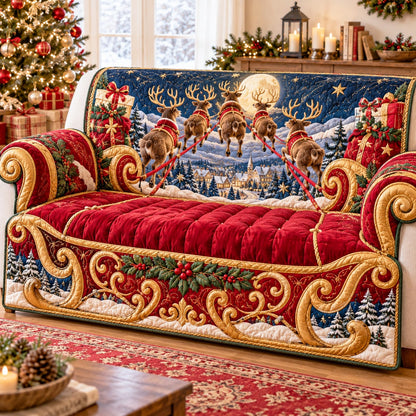 Golden Sleigh Reindeer Quilted Sofa Cover SN0TD1277