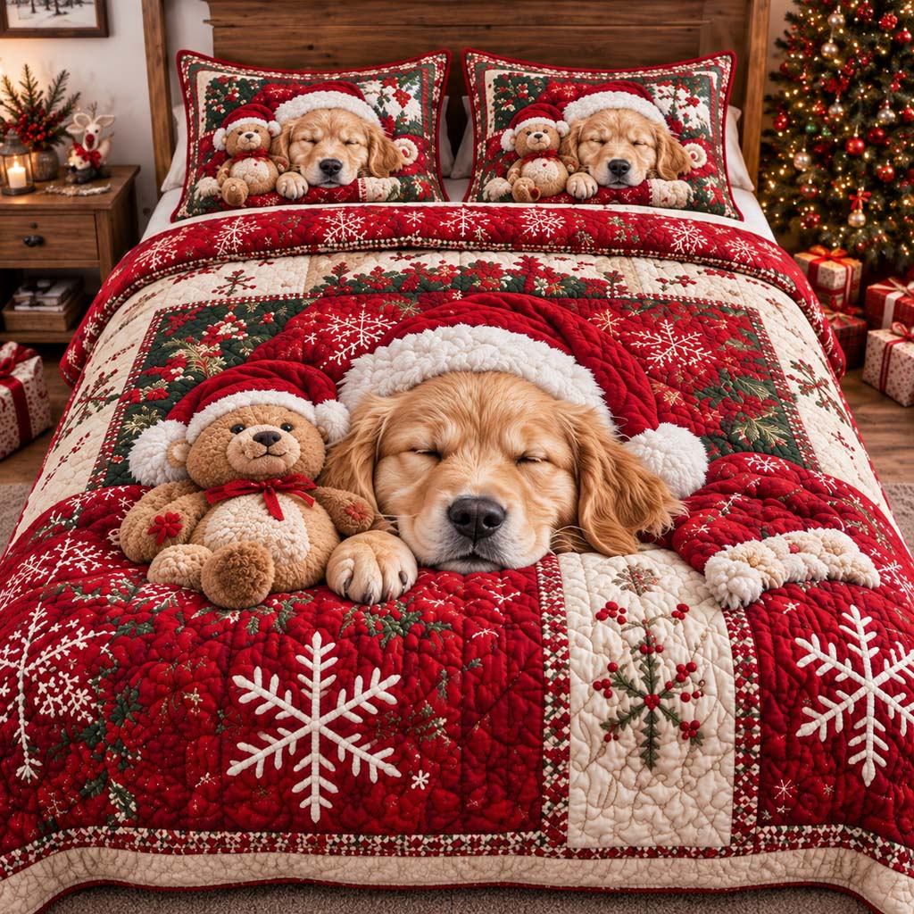 Golden Snowflake Teddy Quilted Bedding Set SN0HH0429