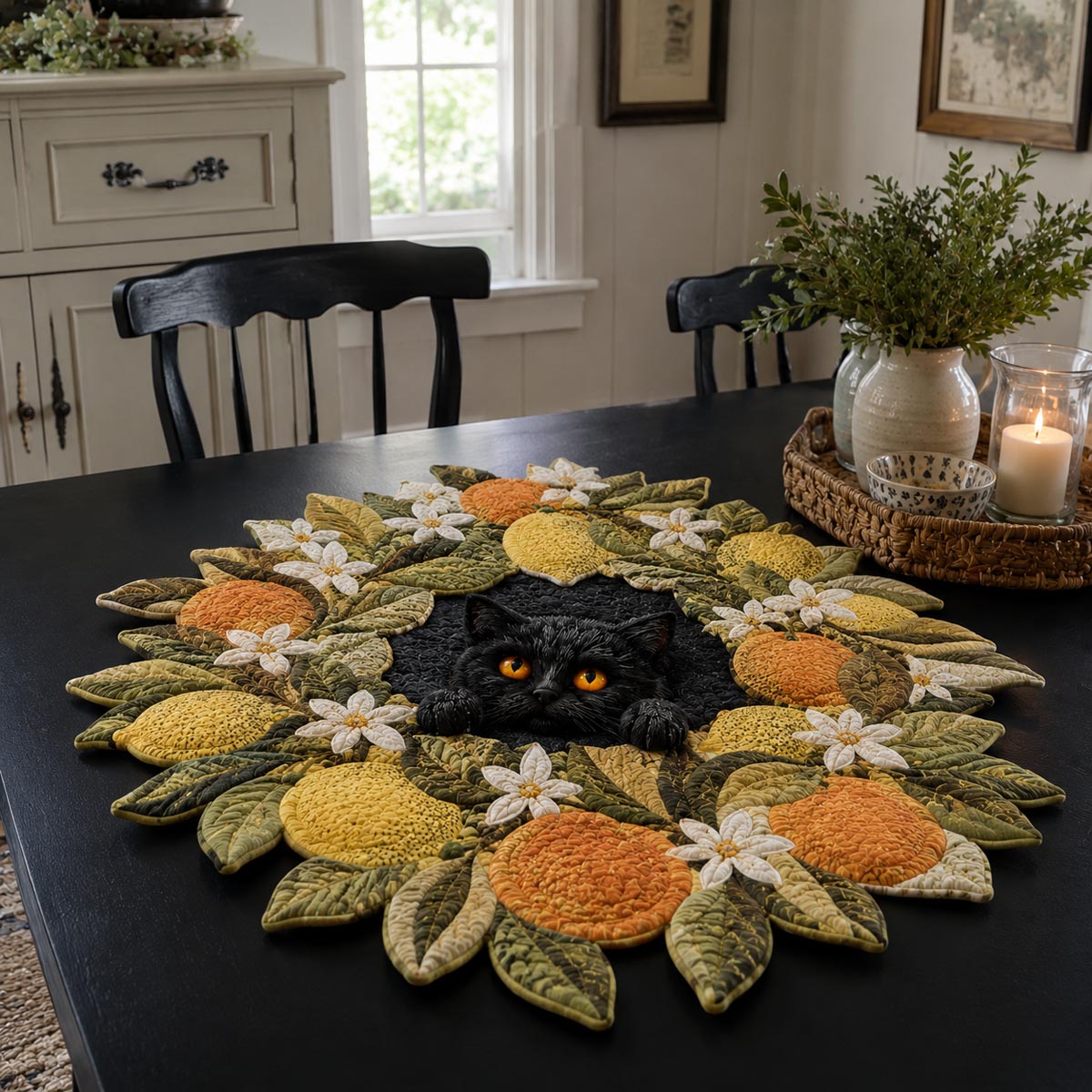 Golden Sunflower Cat Custom Shape Quilted Table Topper SN0DV229