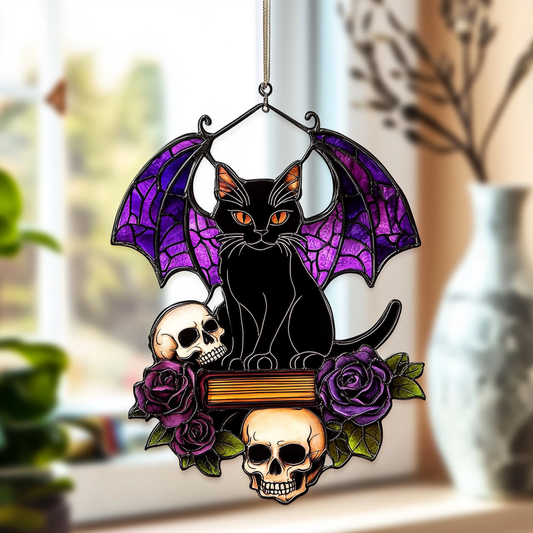 Gothic Cat On Skull - Window Hanging Suncatcher NCU0PD029