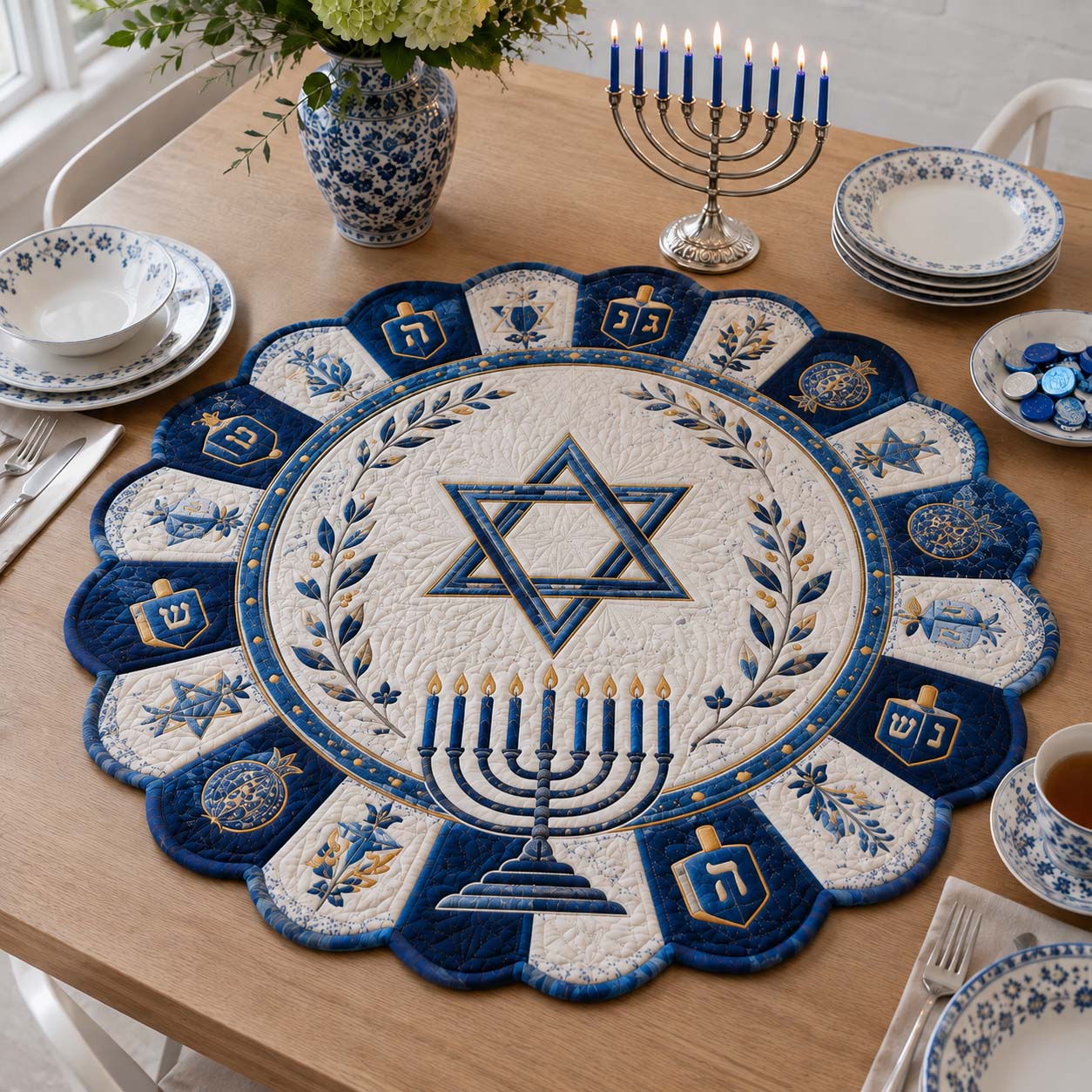 Grand Hanukkah Menorah Custom Shape Quilted Table Topper SN0HH0184