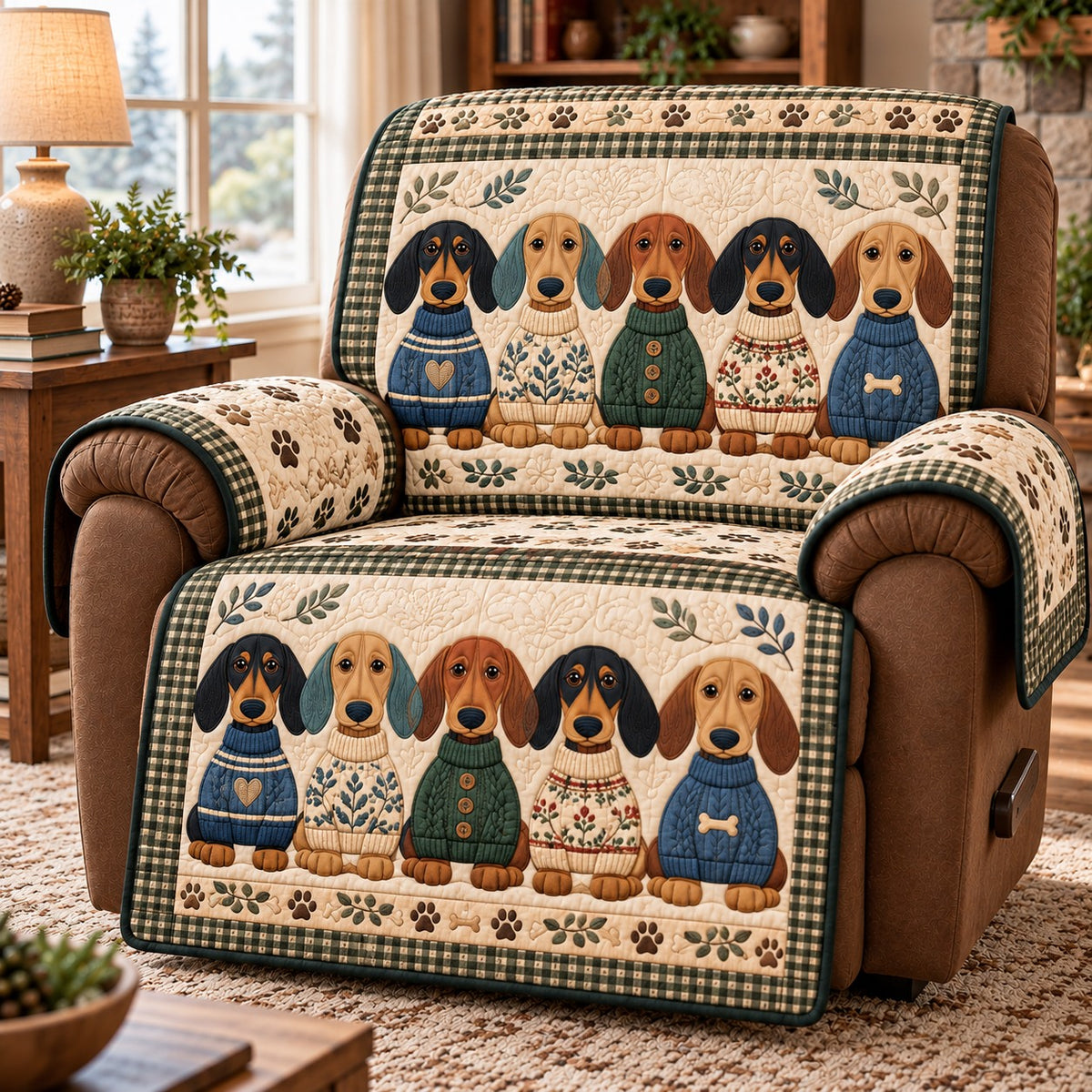 Green Gingham Doxies Quilted Sofa Cover SN0HH0966