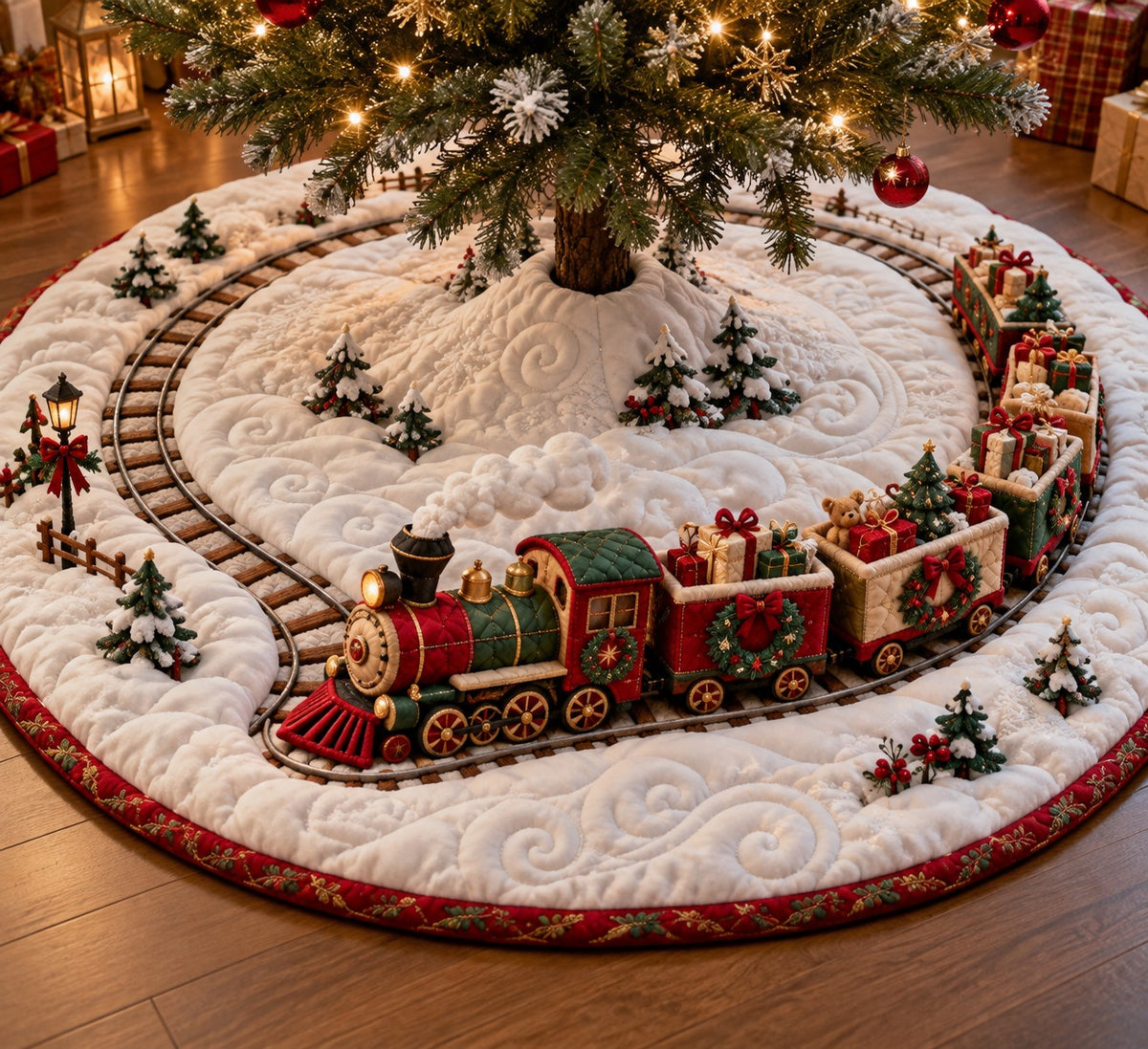 Green Locomotive Snow Hill Quilted Tree Skirt SN0TV1062