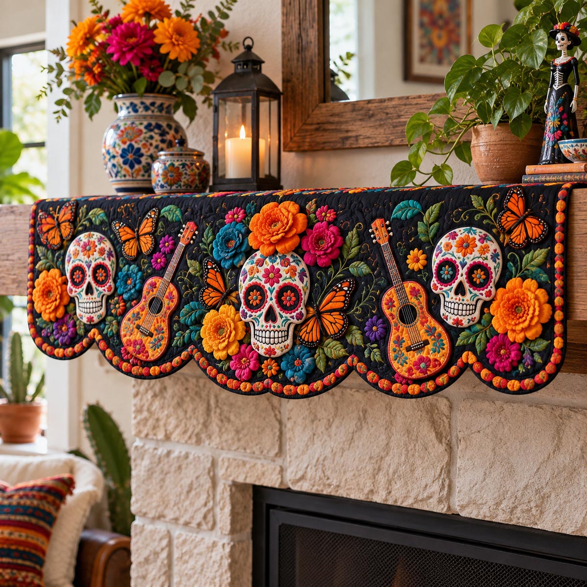 Guitar Skull Fiesta Quilted Mantel Scarf SN0DV625