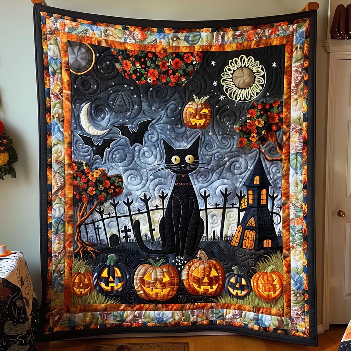 Halloween Black Cat Quilted Blanket NCU0PD247