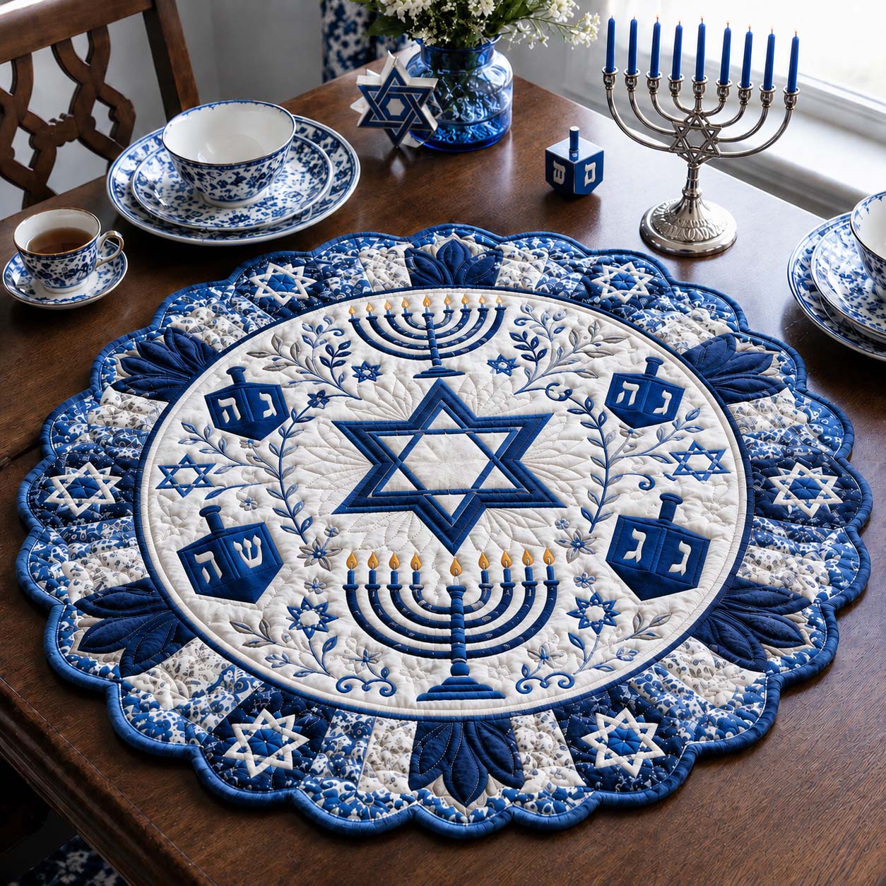 Hanukkah Floral Menorah Custom Shape Quilted Table Topper SN0HH0185
