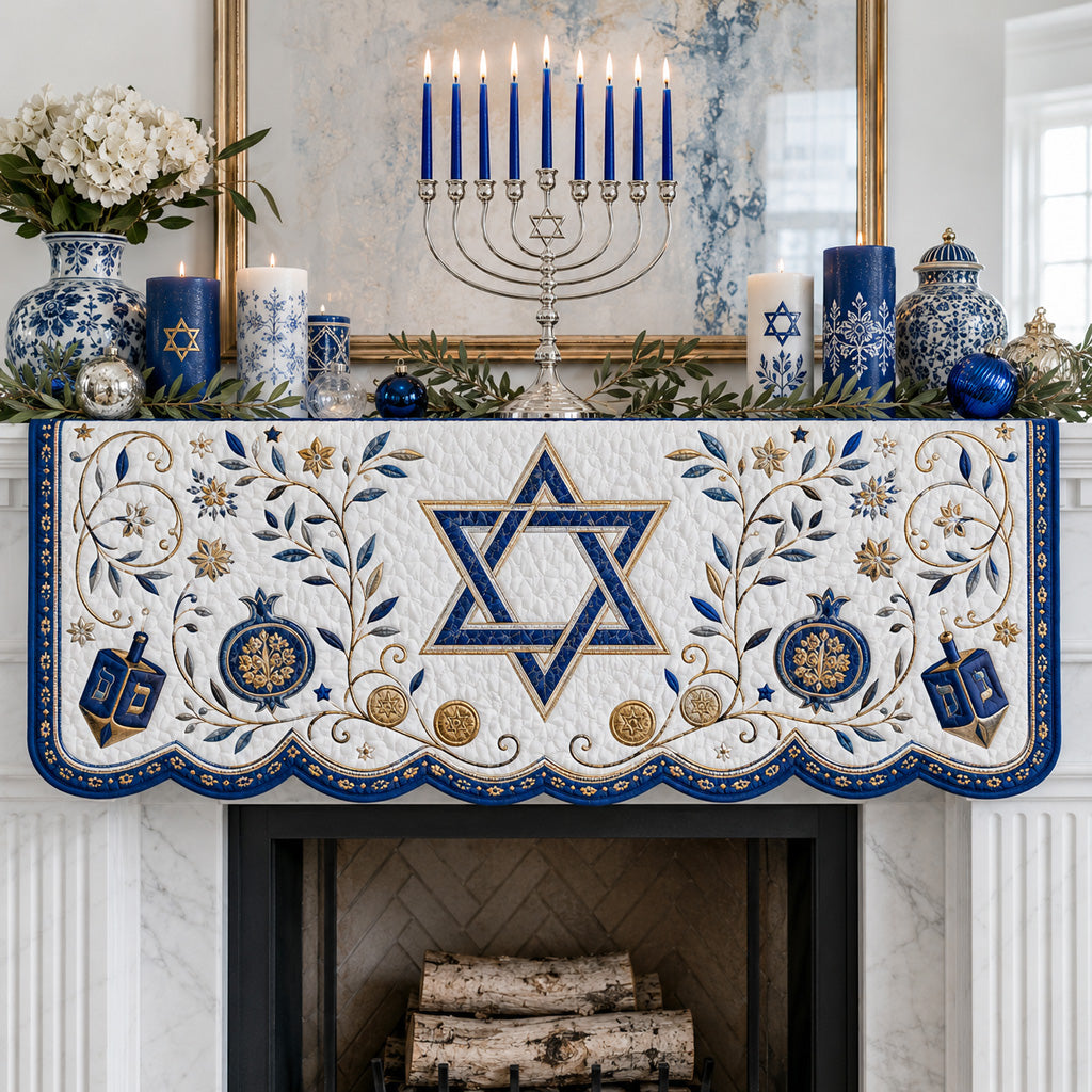 Hanukkah Botanical Star Quilted Mantel Scarf SN0HH0176