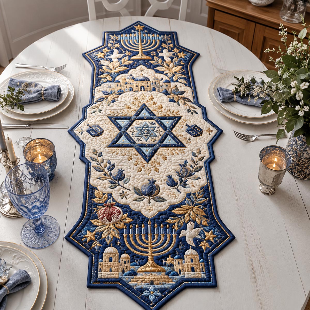 Hanukkah Floral Star Custom Shape Quilted Table Runner SN0DV387