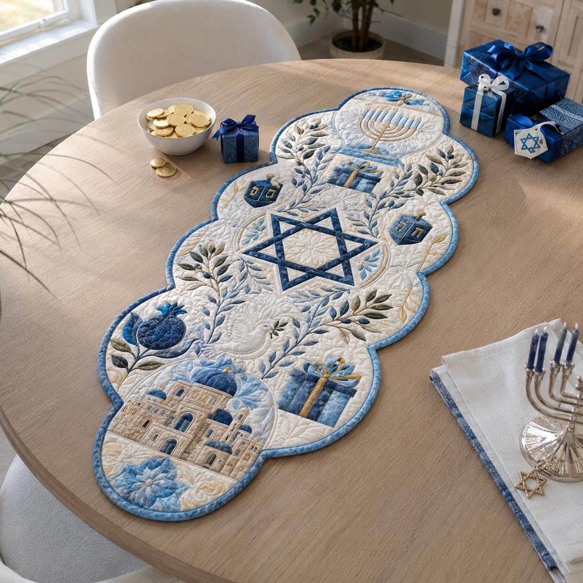 Hanukkah Gift Garden Custom Shape Quilted Table Runner SN0DV388