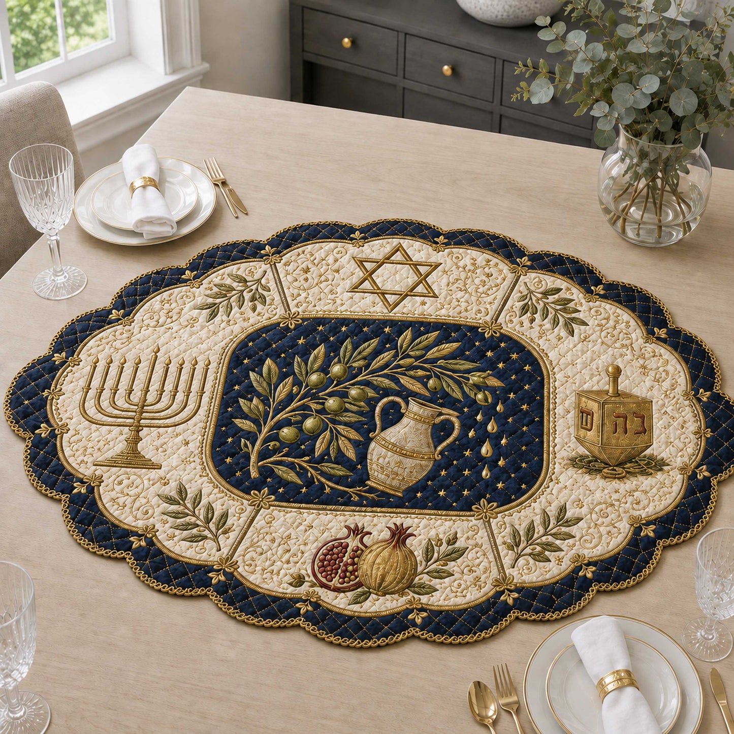 Hanukkah Harmony Custom Shape Quilted Table Topper SN0TD283