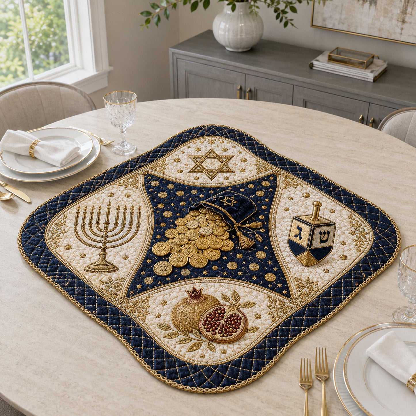 Hanukkah Lights Custom Shape Quilted Table Topper SN0TD279