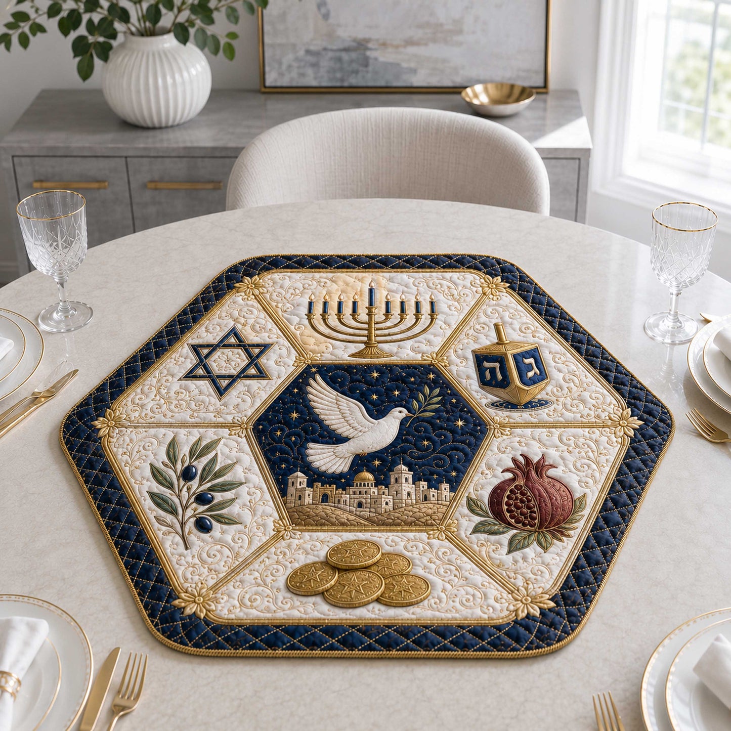 Hanukkah Spirit Custom Shape Quilted Table Topper SN0TD281
