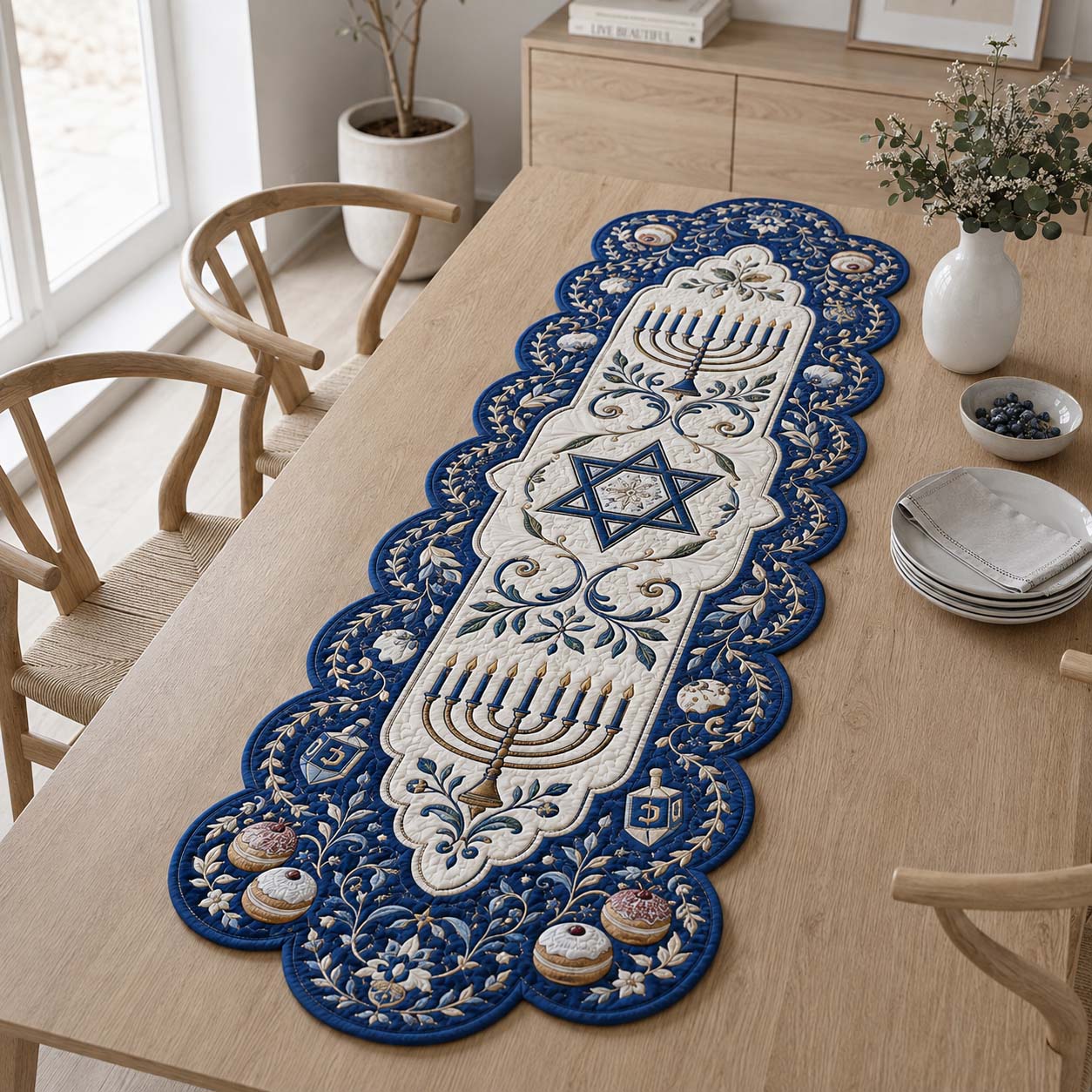 Hanukkah Sufganiyot Delight Custom Shape Quilted Table Runner SN0HH0197
