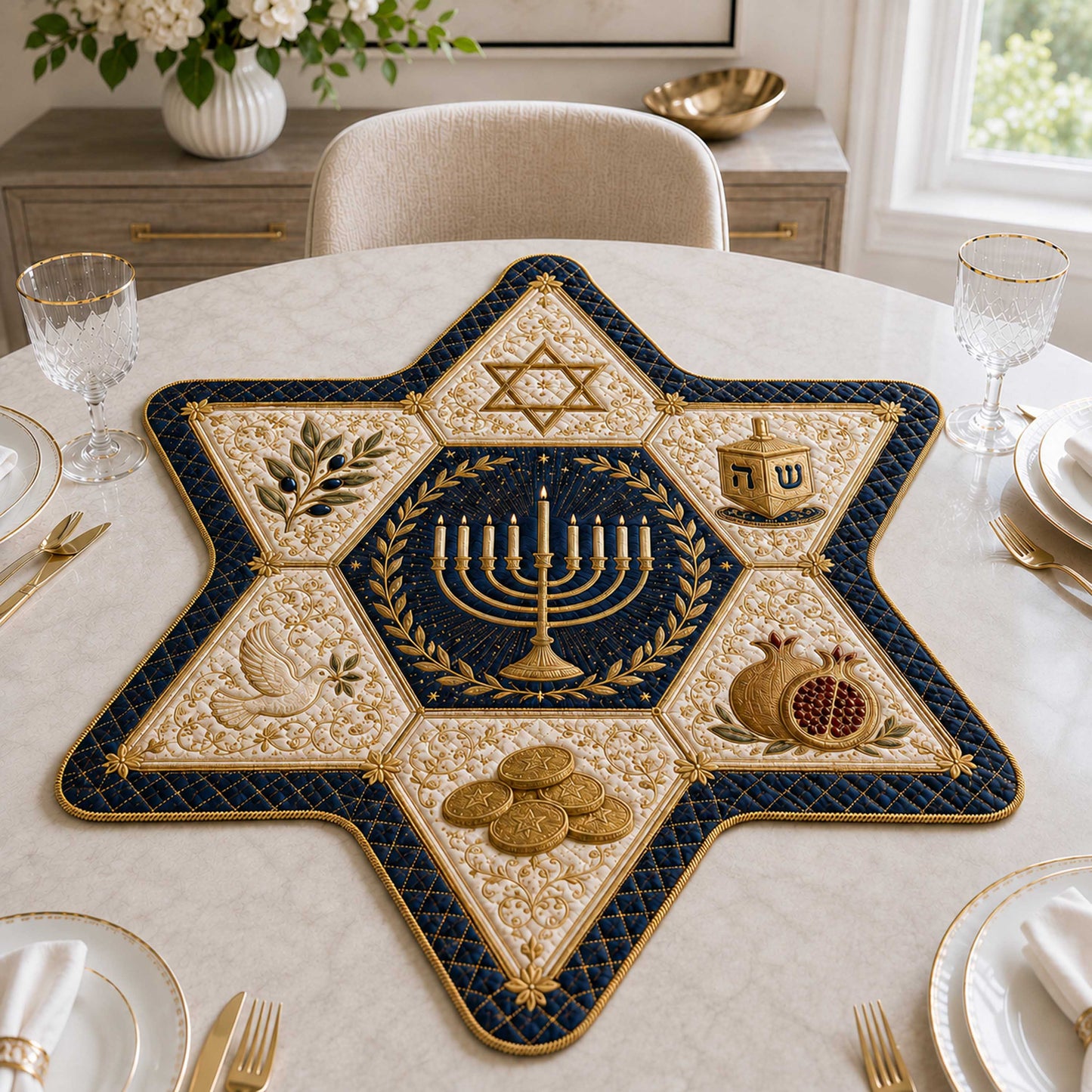 Hanukkah Traditions Custom Shape Quilted Table Topper SN0TD278