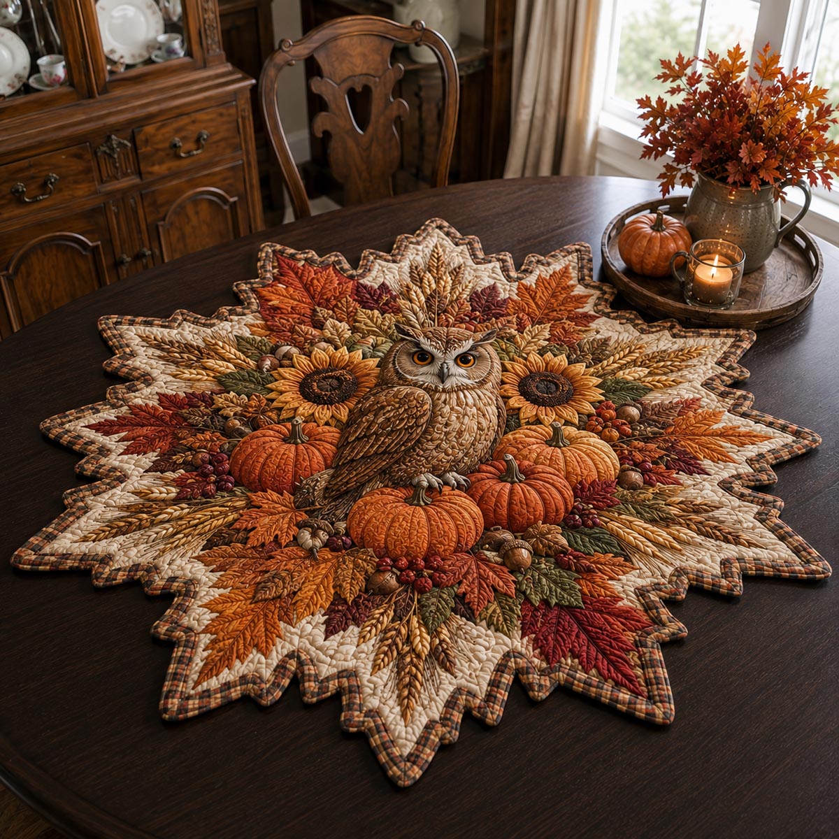 Harvest Owl Garden Custom Shape Quilted Table Topper SN0DV257