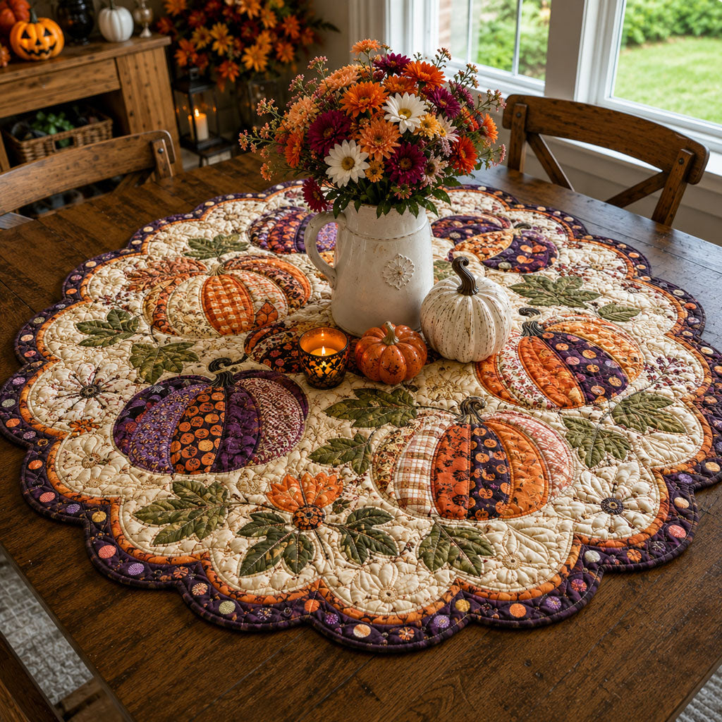 Harvest Pumpkin Delight Custom Shape Quilted Table Topper SN0PT542