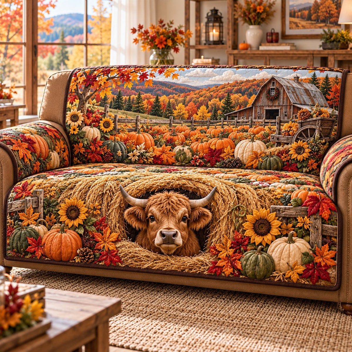 Harvest Pumpkin Farm Quilted Sofa Cover SN0TD1333