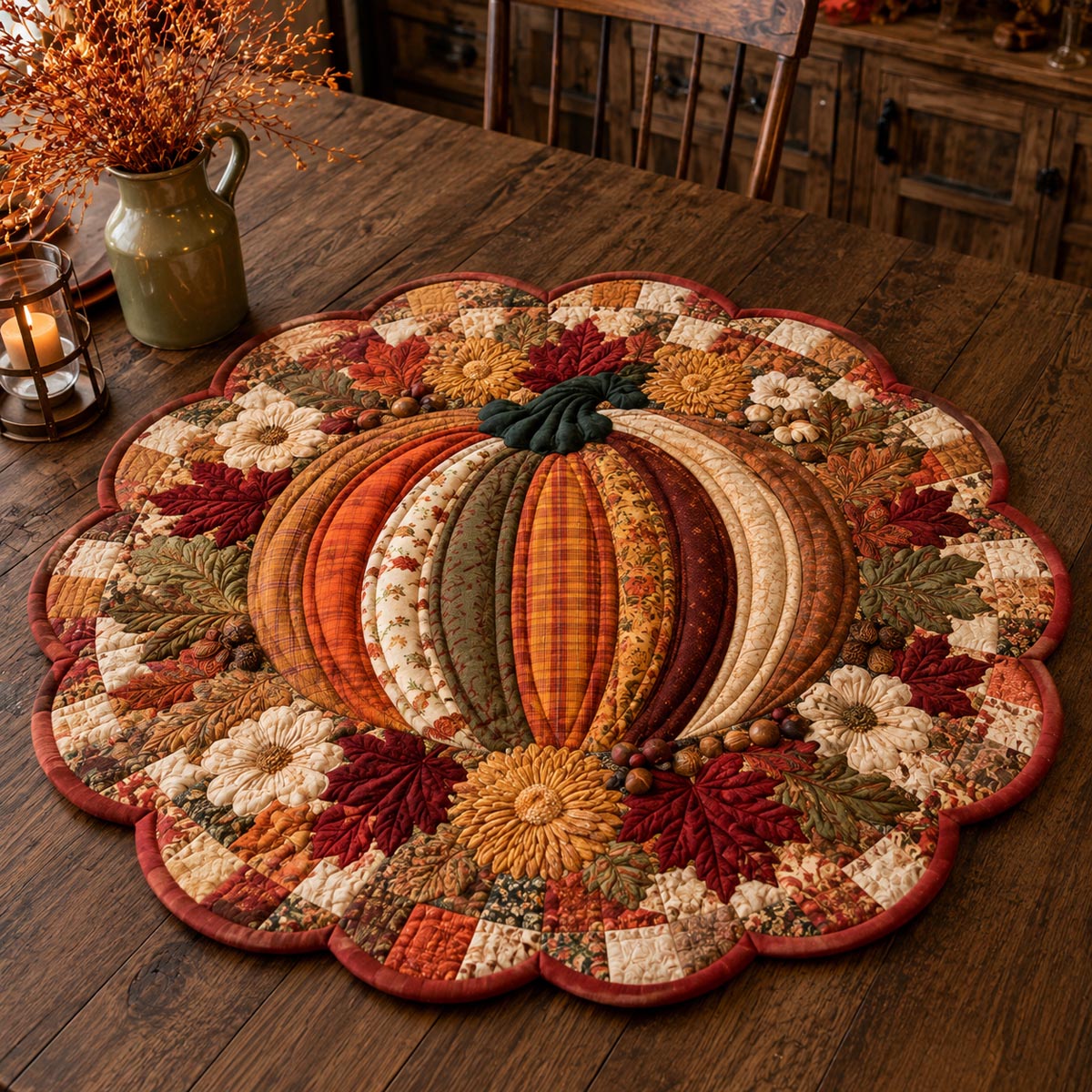 Heirloom Patchwork Pumpkin Custom Shape Quilted Table Topper SN0DV264