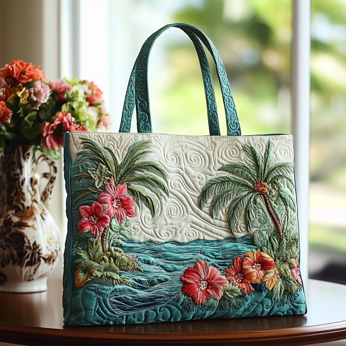 Hibiscus Breeze Quilted Tote Bag NCU0VL2663