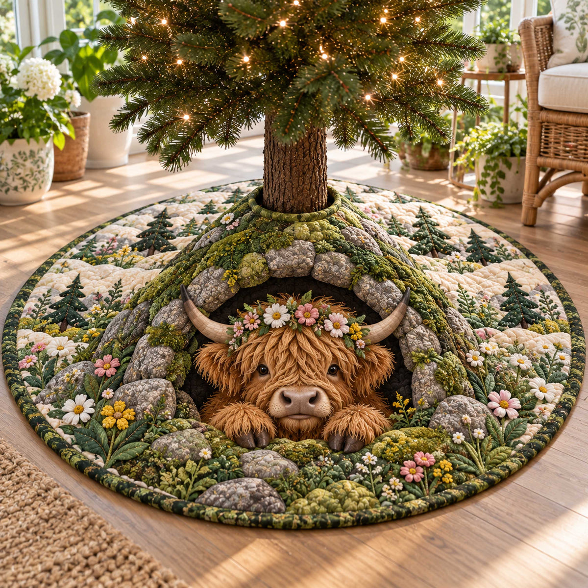 Highland Cheer Christmas Quilted Tree Skirt SN0TD639