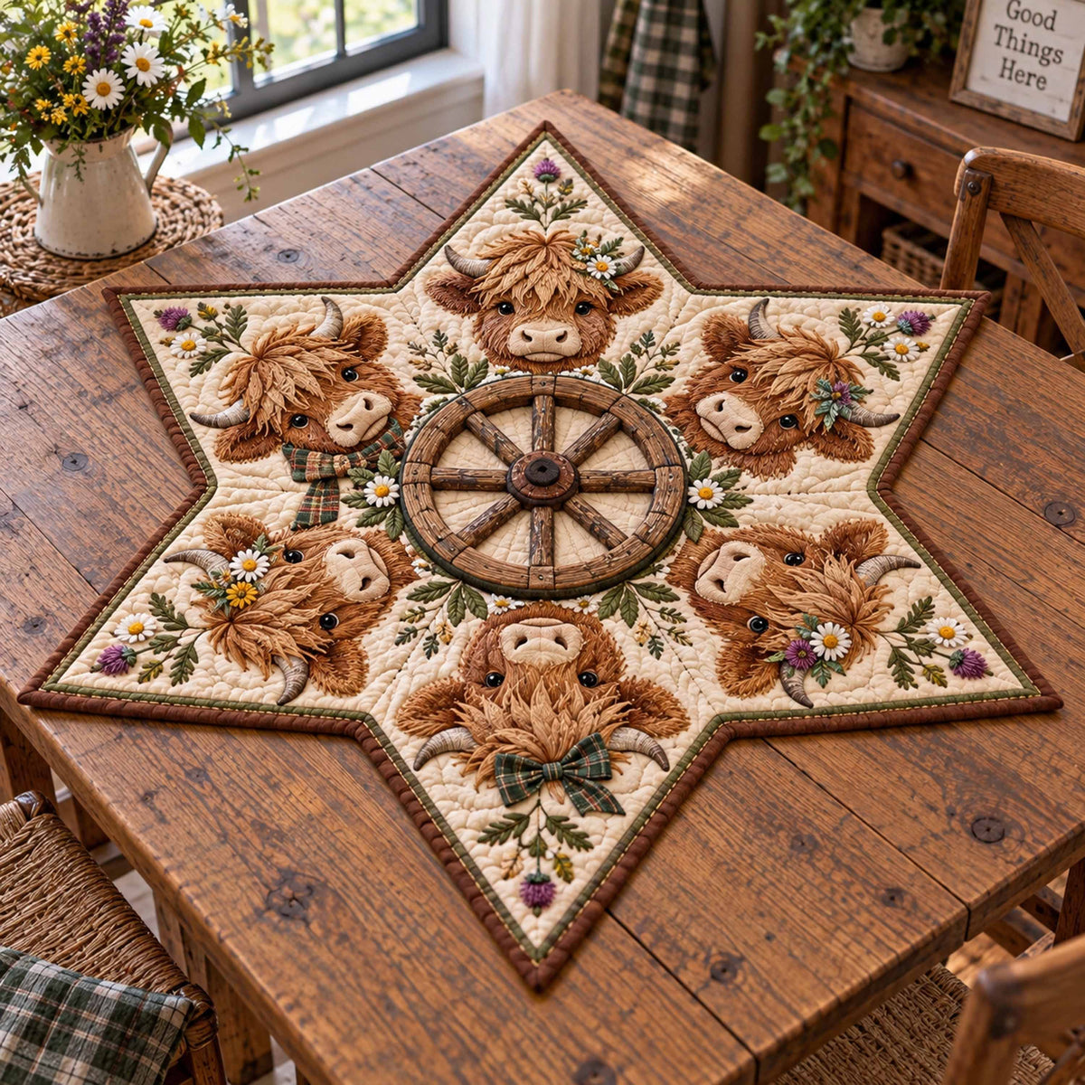 Highland Cow Charm Custom Shape Quilted Table Topper SN0TD996