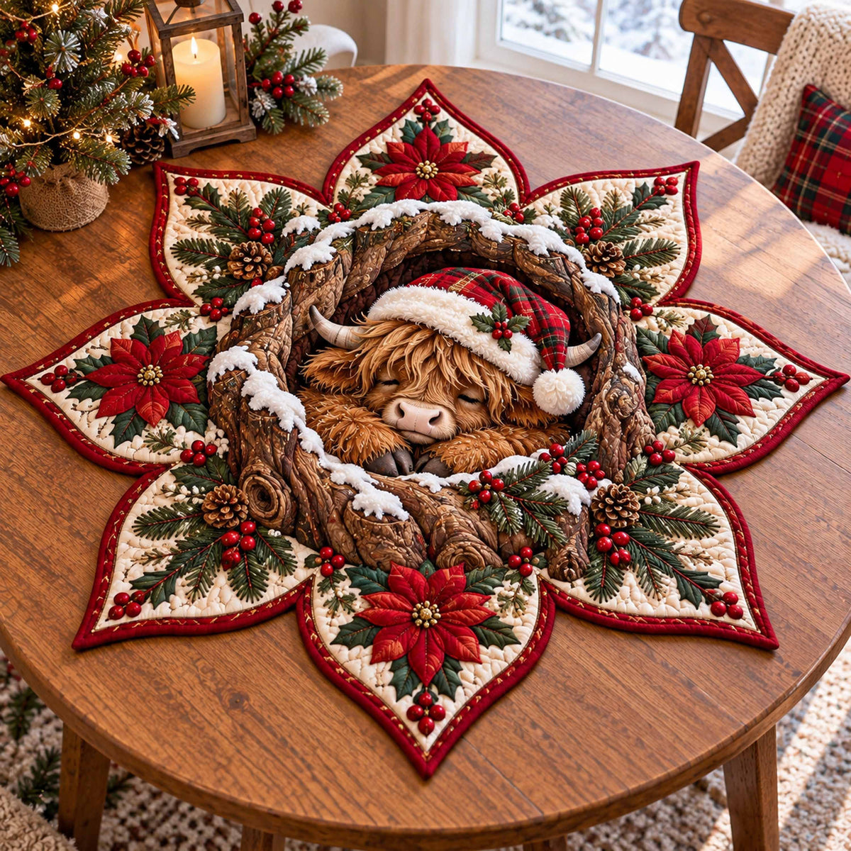 Highland Cow Christmas Custom Shape Quilted Table Topper SN0TD990