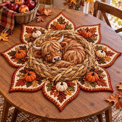 Highland Cow Harvest Custom Shape Quilted Table Topper SN0TD995